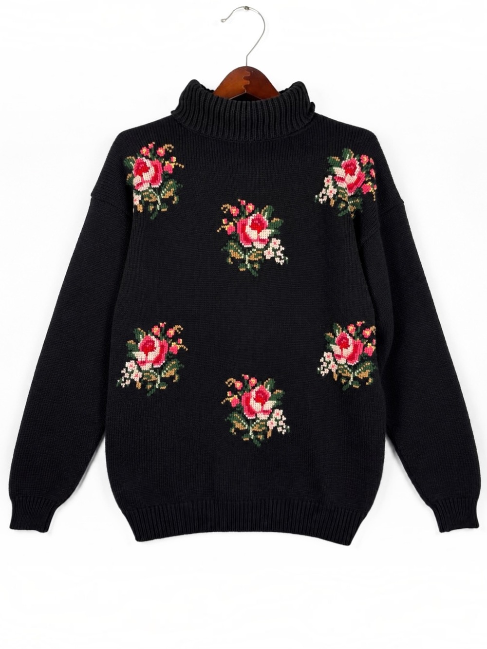 Vintage Worthington Black Floral Rose Turtleneck Sweater M Cottagecore